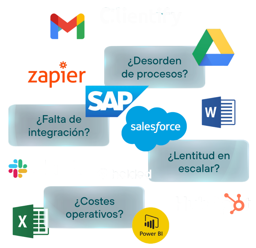 Desorden de procesos: Gmail, Drive, Excel, Salesforce, SAP, Clientify, Holded, Slack, Zapier, HubSpot, Power BI, Word